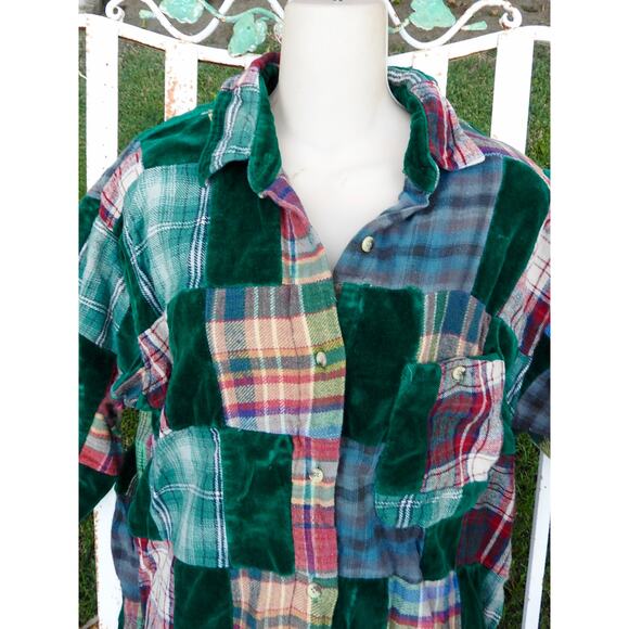 VINTAGE VELVET & FLANNEL COTTON PATCHWORK PLAID SHIRT OR SHIRTJACKET GRUNGE - Picture 8 of 8